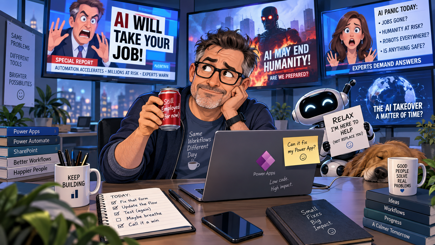 Humorous illustration of a project manager working on a Power App while surrounding news screens warn that AI will take people's jobs and could threaten humanity. A friendly robot holds a sign saying it is there to help, not replace him.